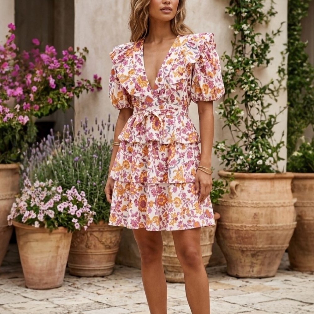 10 Crosby Derek Lam Ophelia Ruffled Floral Print Cotton Mini Dress Womens Size 6
